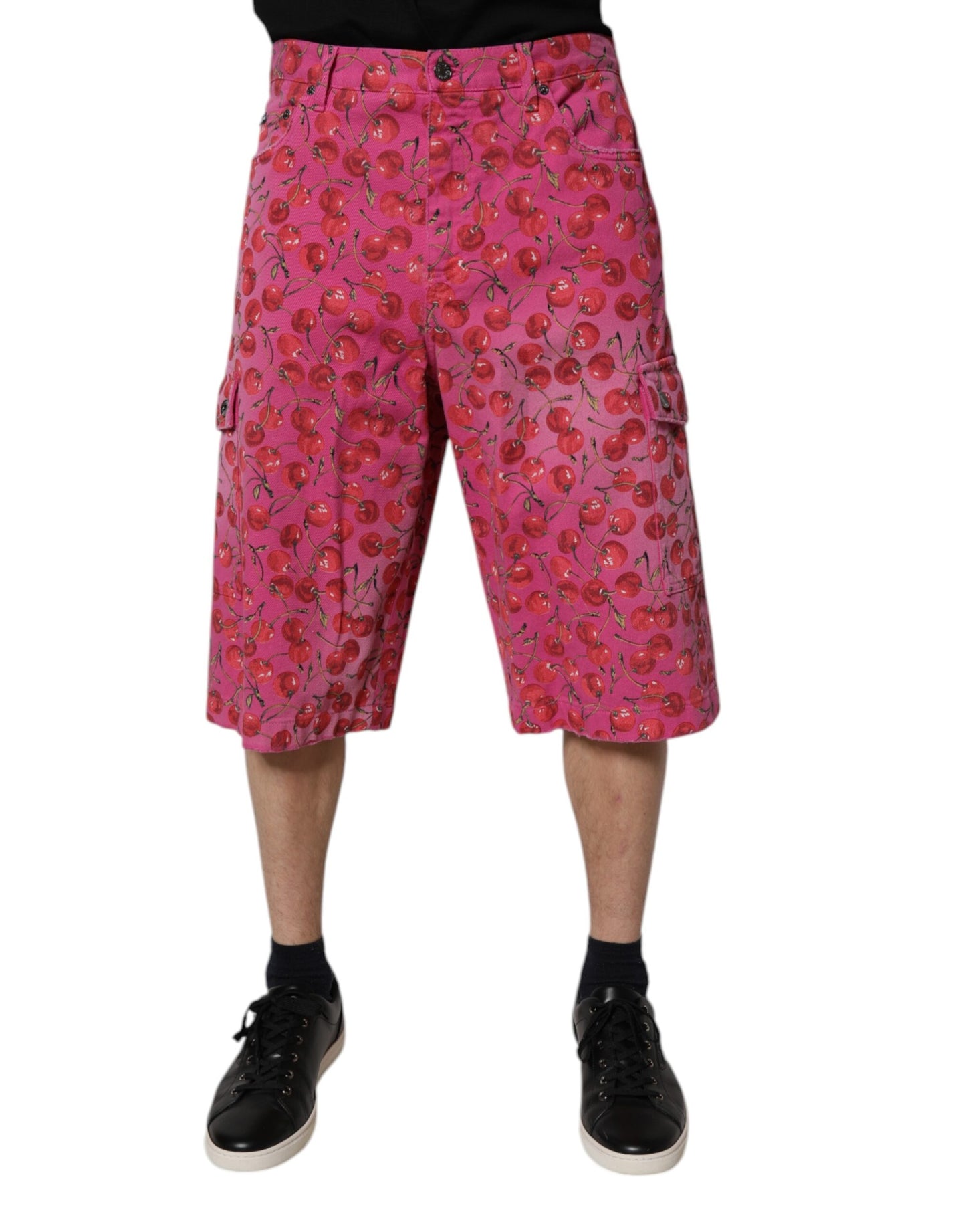 Pink Cherry Print Cargo Cotton Shorts