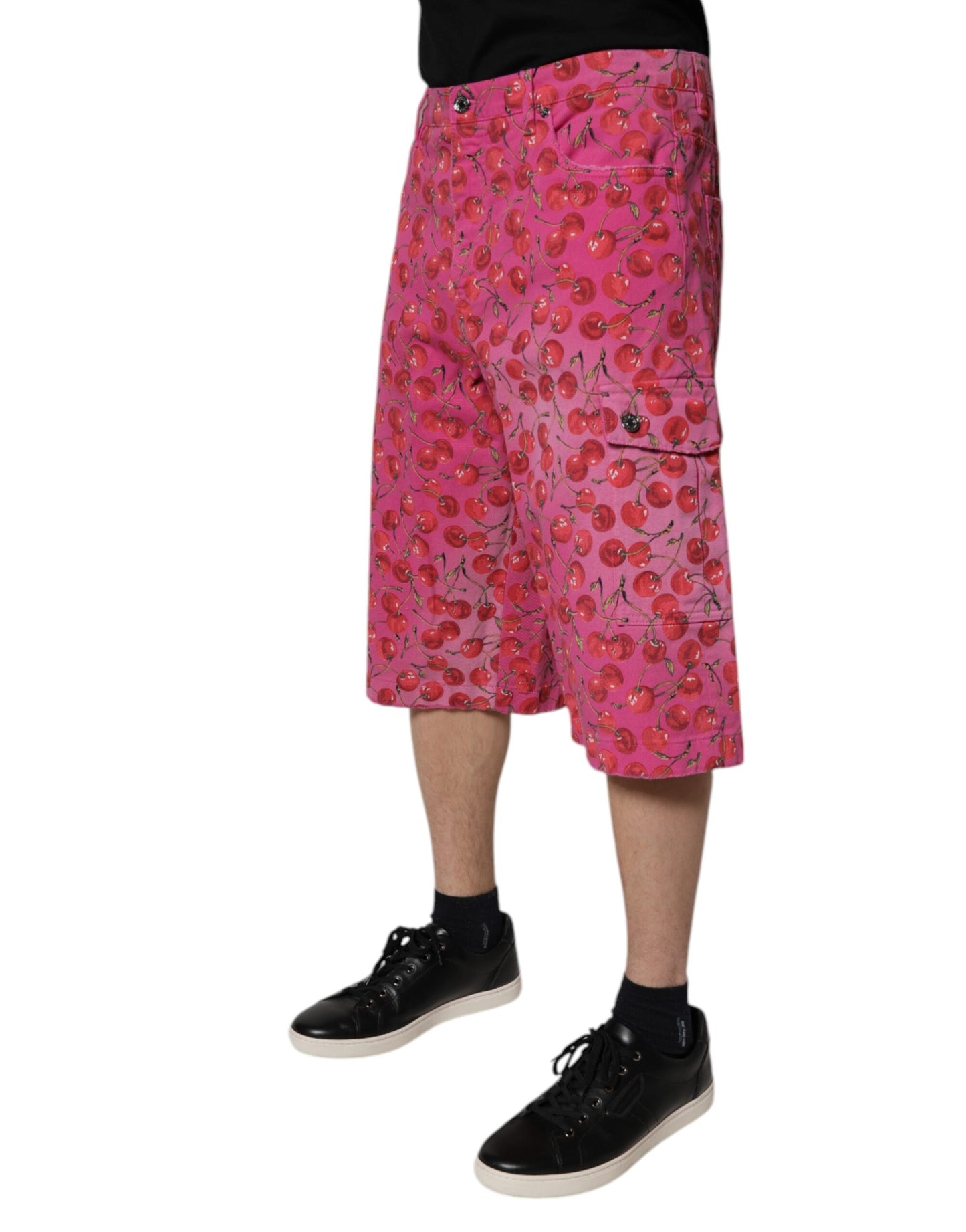 Pink Cherry Print Cargo Cotton Shorts