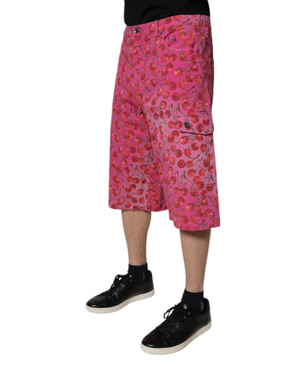 Pink Cherry Print Cargo Cotton Shorts