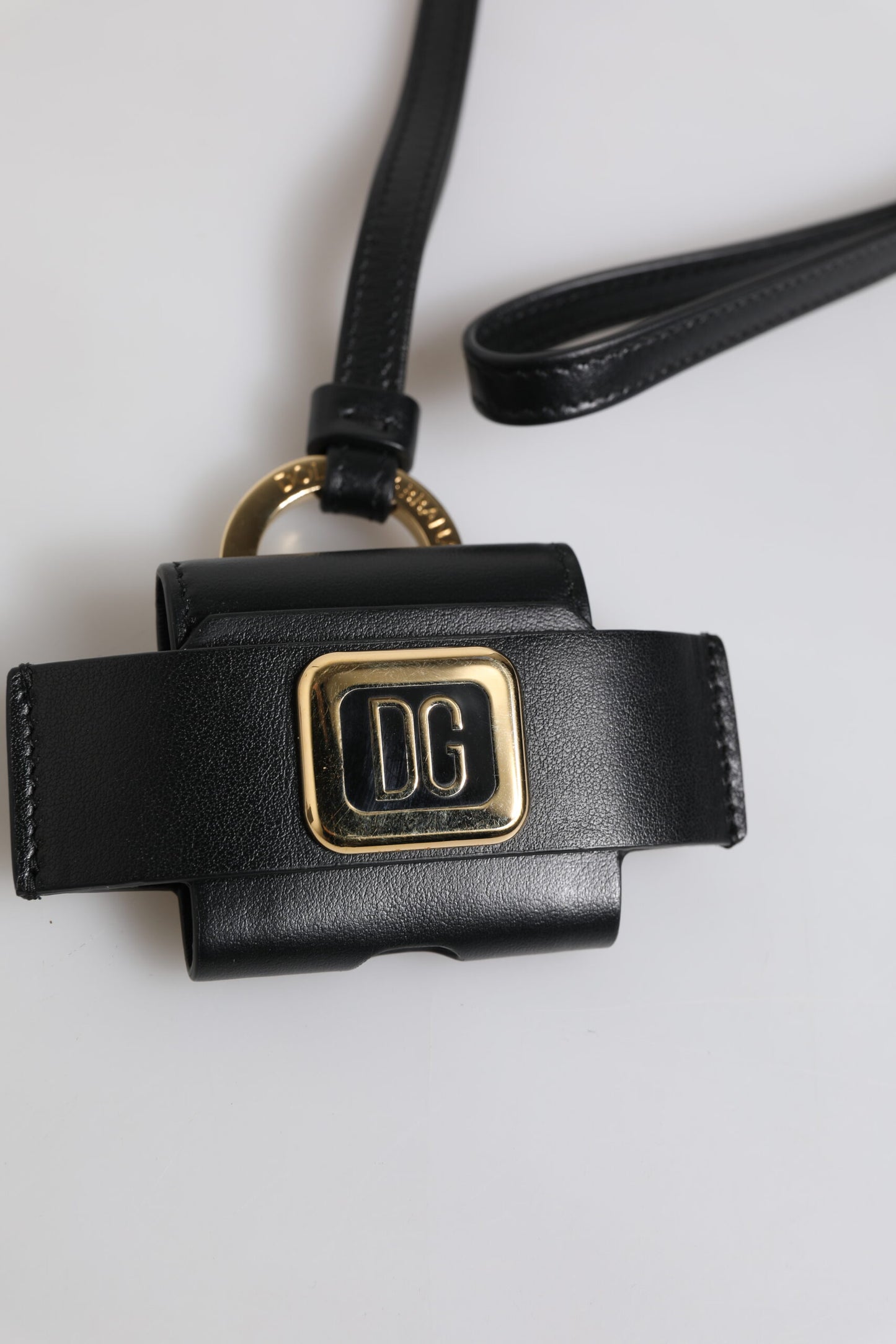 Black Leather Strap Gold Metal Logo Plaque Airpods Case