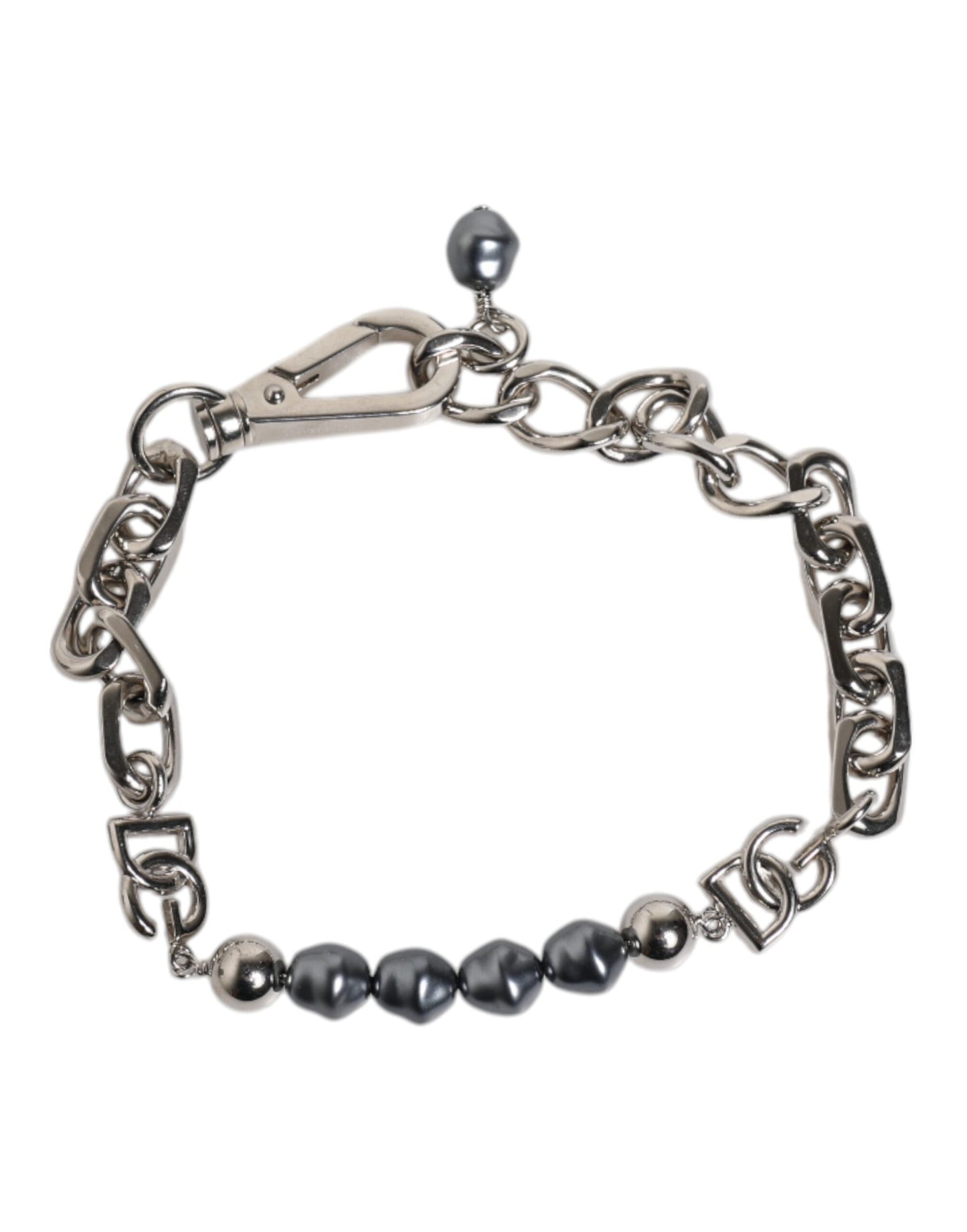 Silver Tone Chain Lobster Clasp Logo Gray Pearls Bracelet