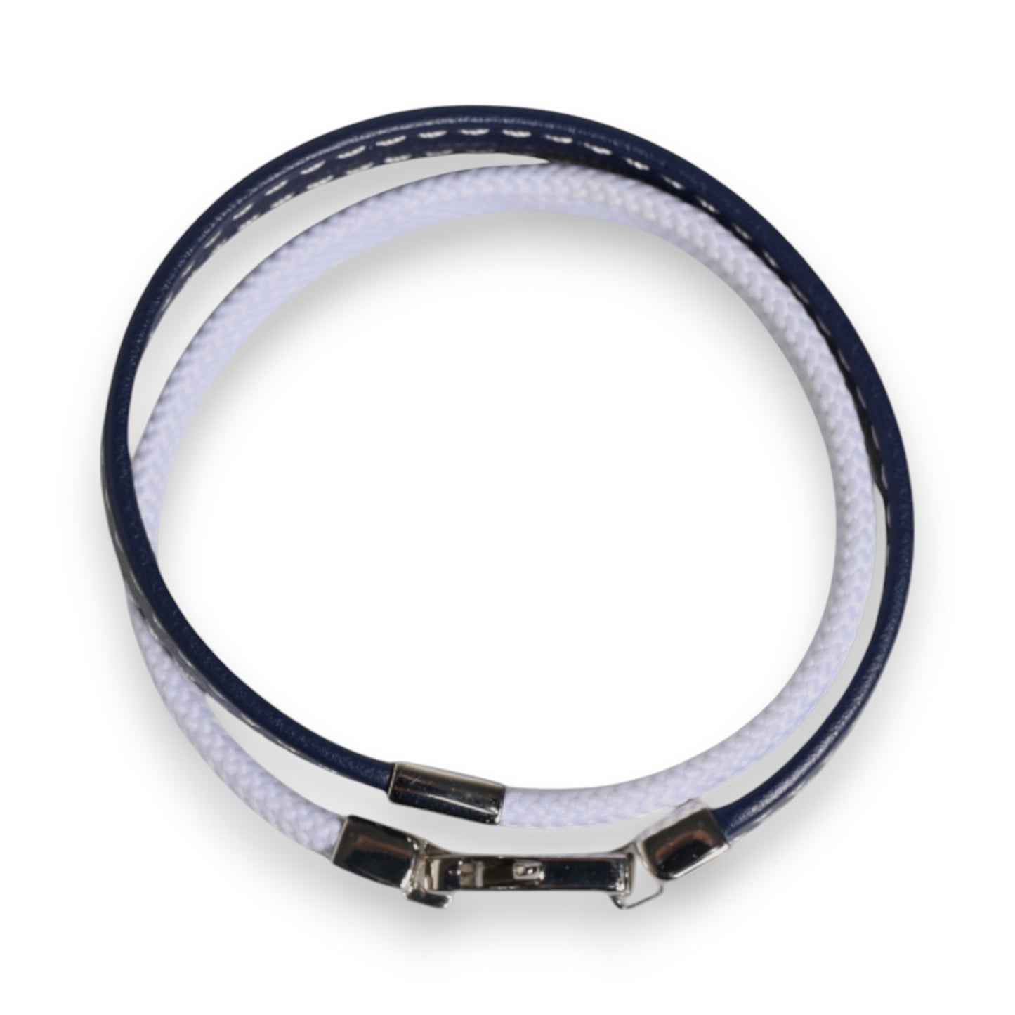 Blue White Leather Trimmed DG Engraved Silver Tone Clasp Bracelet