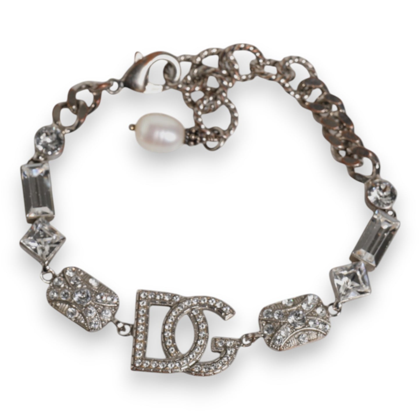 Silver Brass Crystal DG Logo Charm Embellished Bracelet