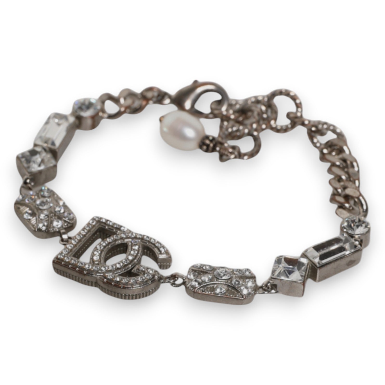 Silver Brass Crystal DG Logo Charm Embellished Bracelet