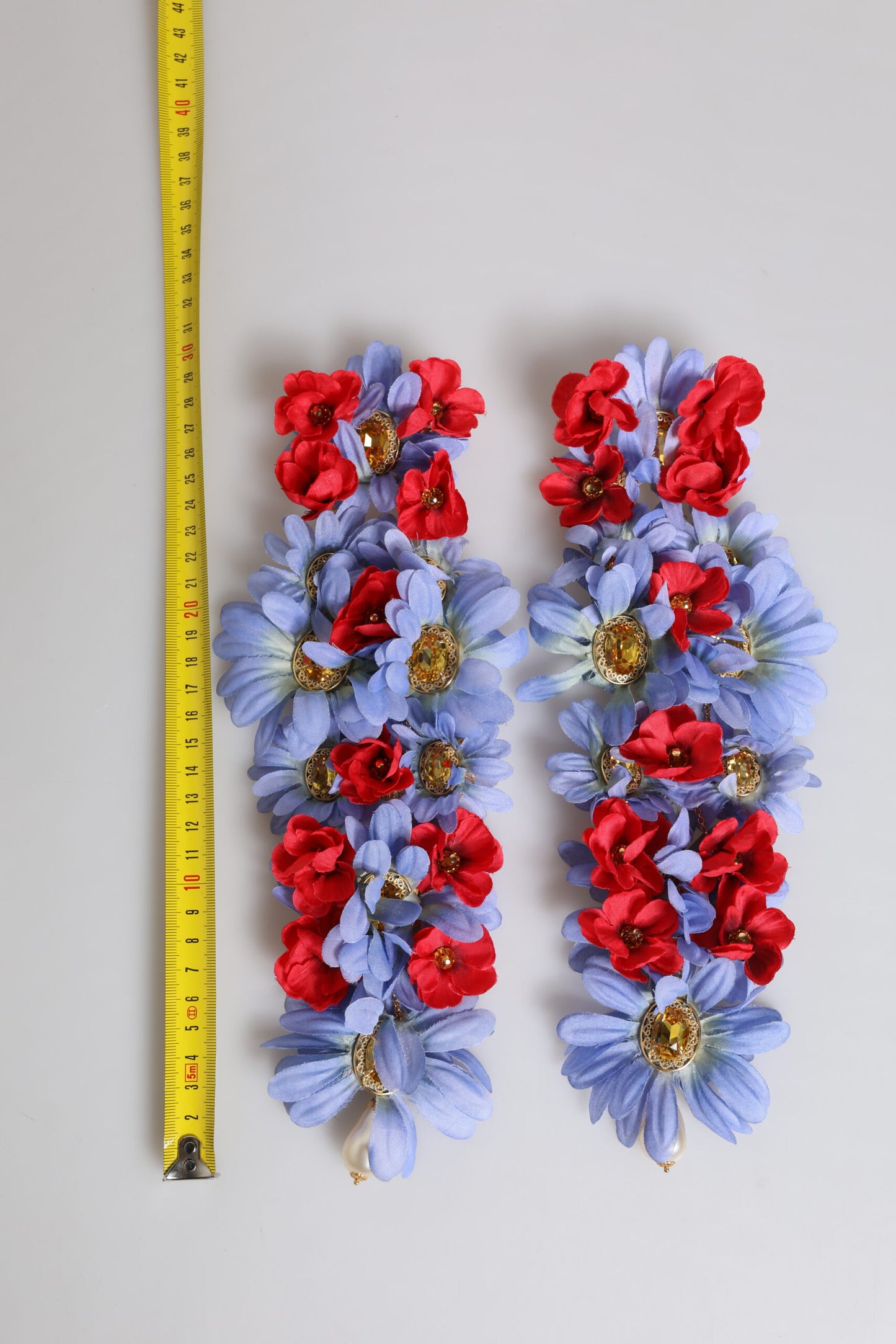 Gold Tone Brass Floral Crystal Clip On Dangling Earrings