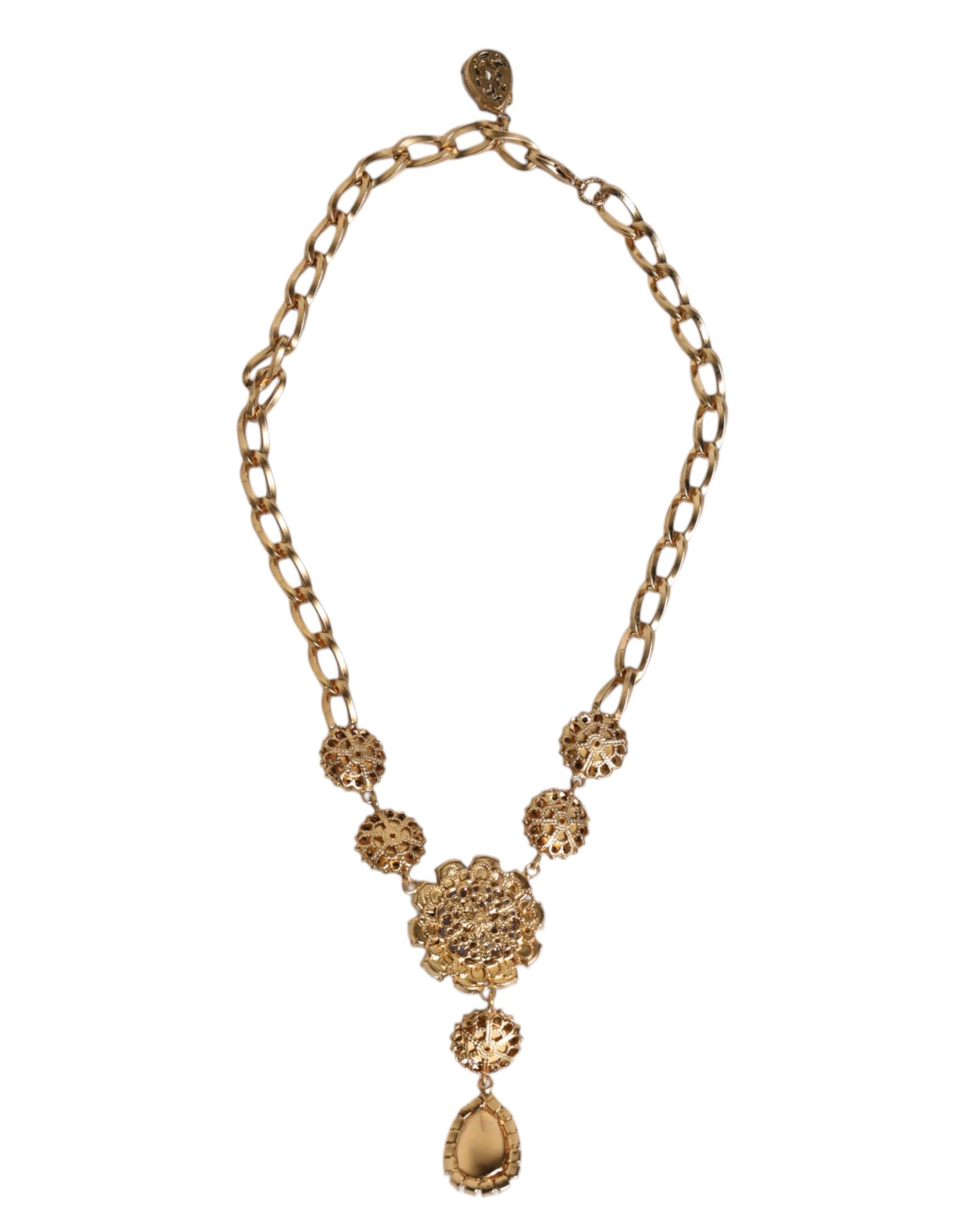 Gold Brass Floral Crystals Pearl Embellished Necklace