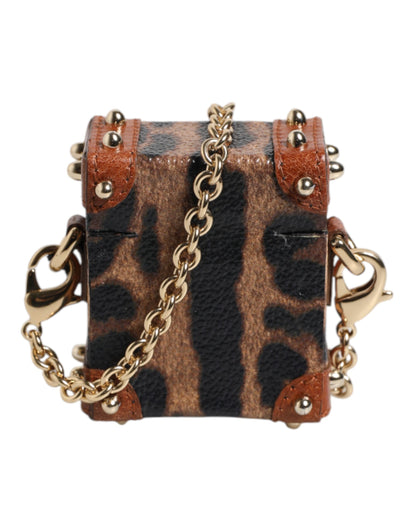 Brown Leopard Metal Logo Plaque Gold Chain Airpods Case