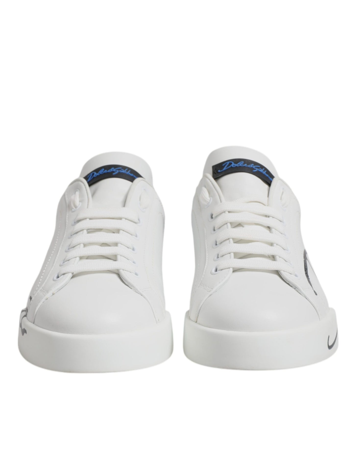 White Blue Leather Logo Low Top Sneakers Shoes