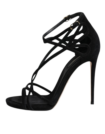 Black Leather Stiletto Heels Sandals Shoes