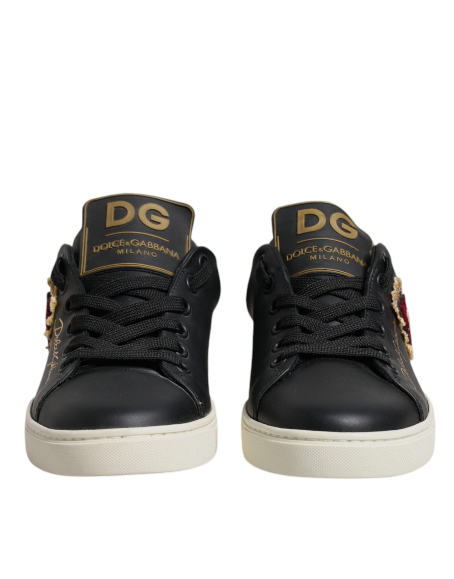 Black Leather Gold Red Heart Sneakers Shoes