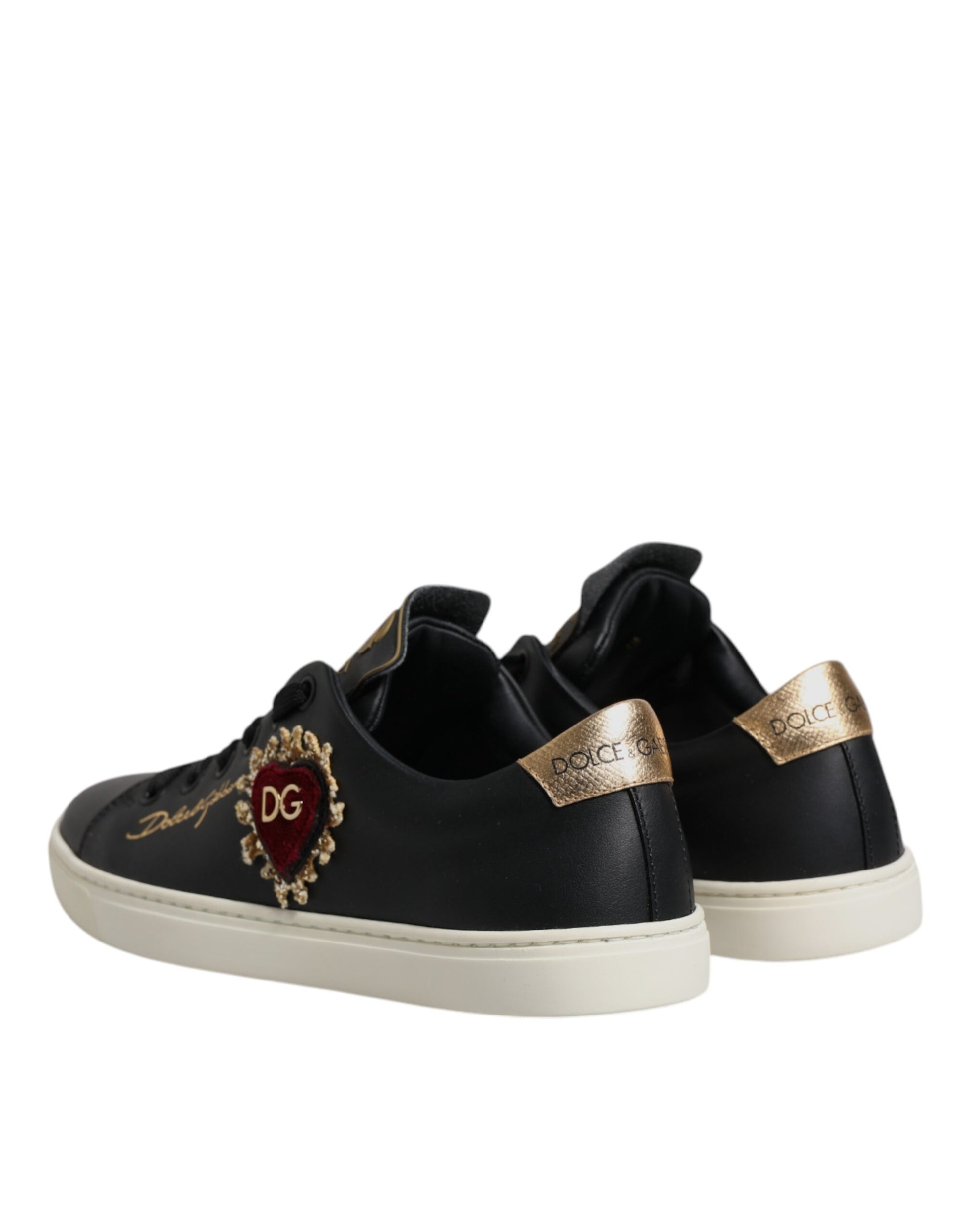 Black Leather Gold Red Heart Sneakers Shoes
