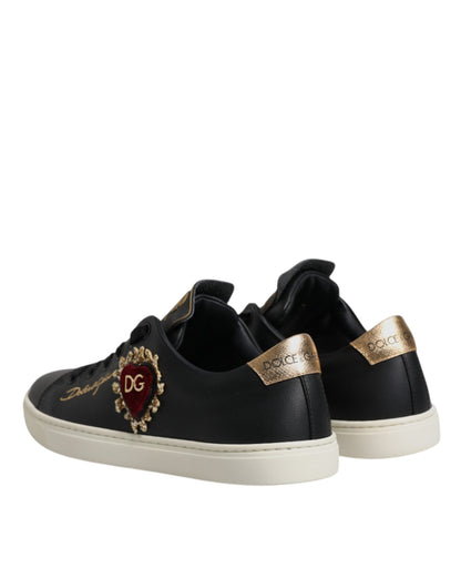 Black Leather Gold Red Heart Sneakers Shoes
