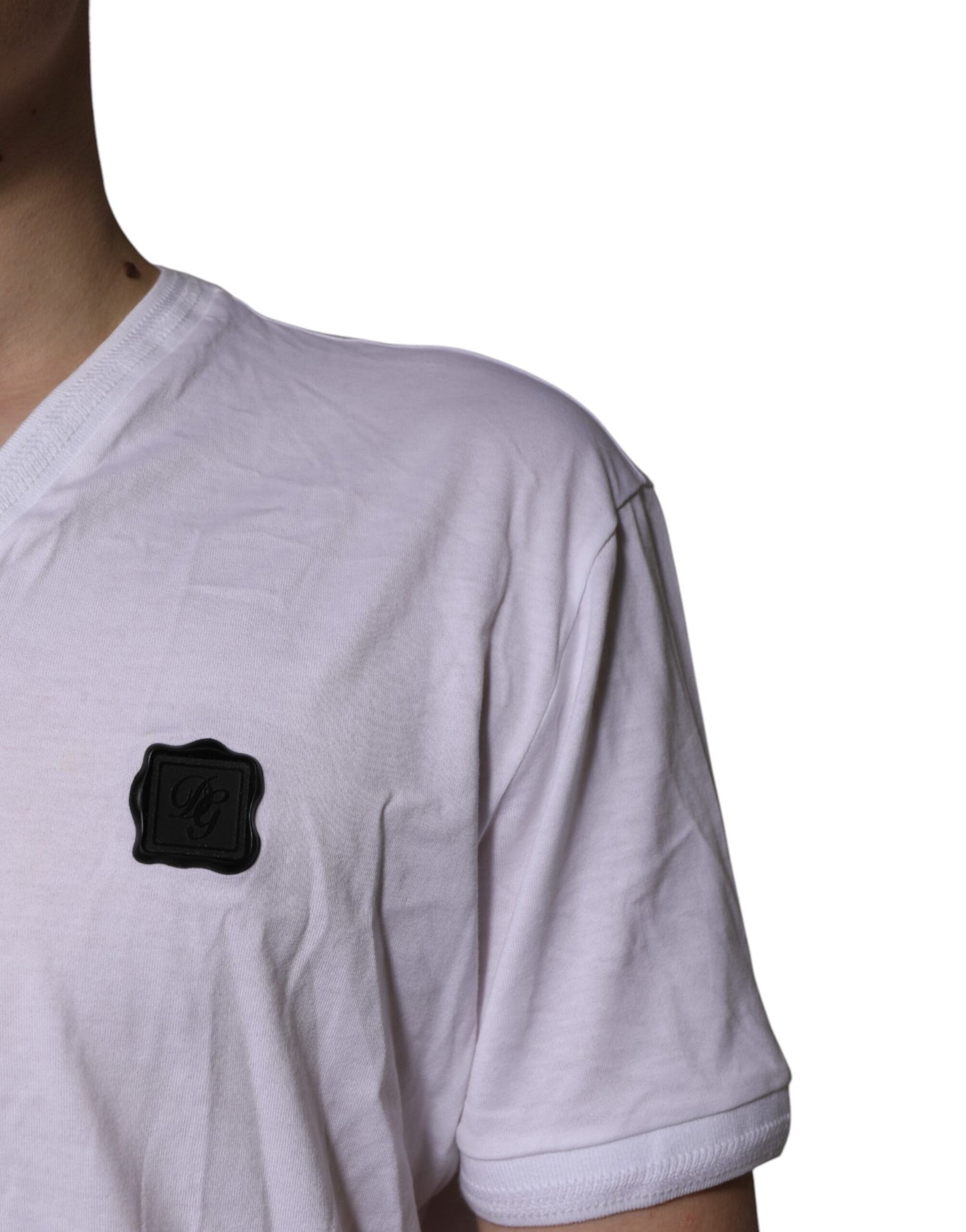 White Cotton Logo Patch V-neck Tee T-shirt