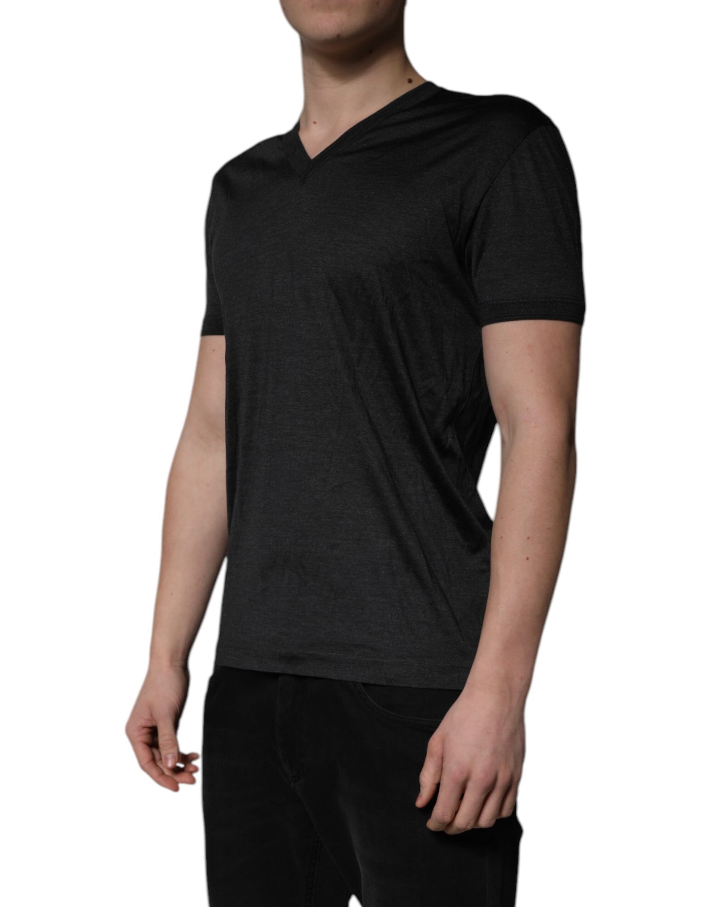 Dark Gray Silk V-neck Short Sleeves T-shirt