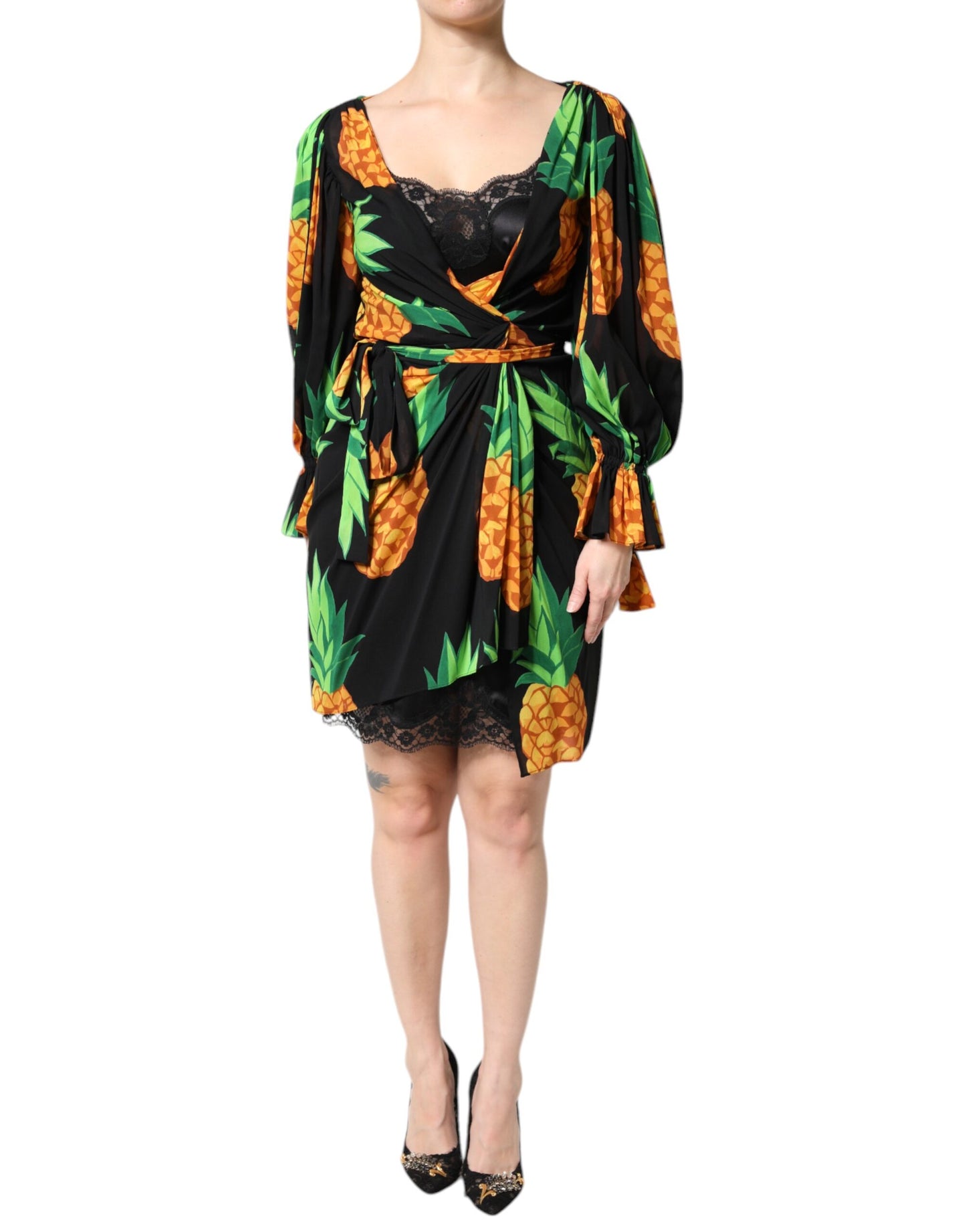 Black Silk Pineapple Draped Print Wrap Dress
