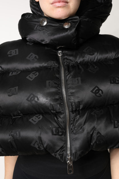 Black Padded Puffer Hooded Full Zip Cropped Jacket