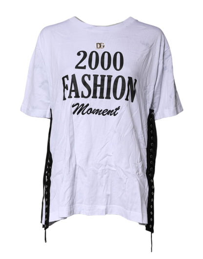 White Print Lace-Up Cotton Crew Neck T-shirt