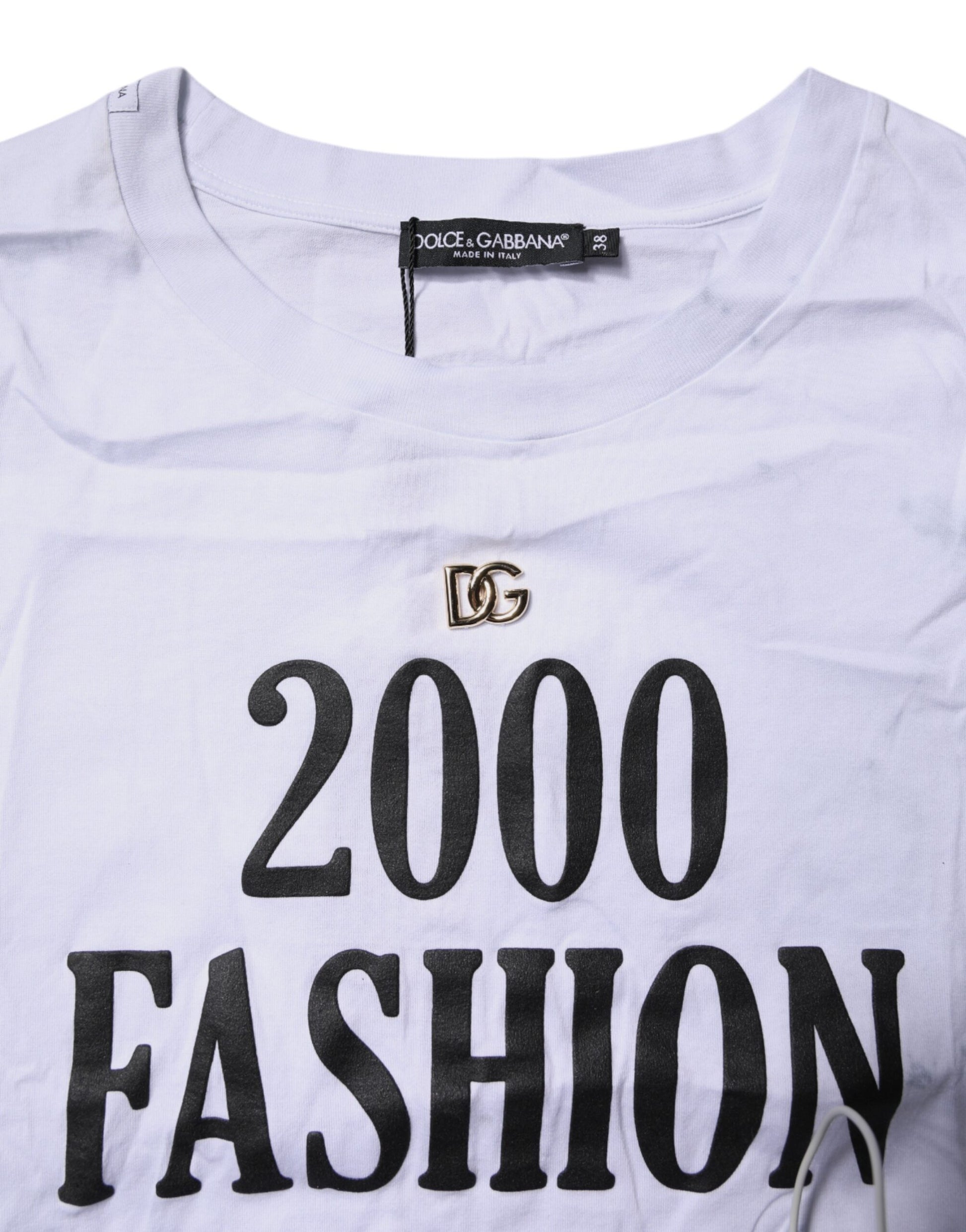 White Print Lace-Up Cotton Crew Neck T-shirt