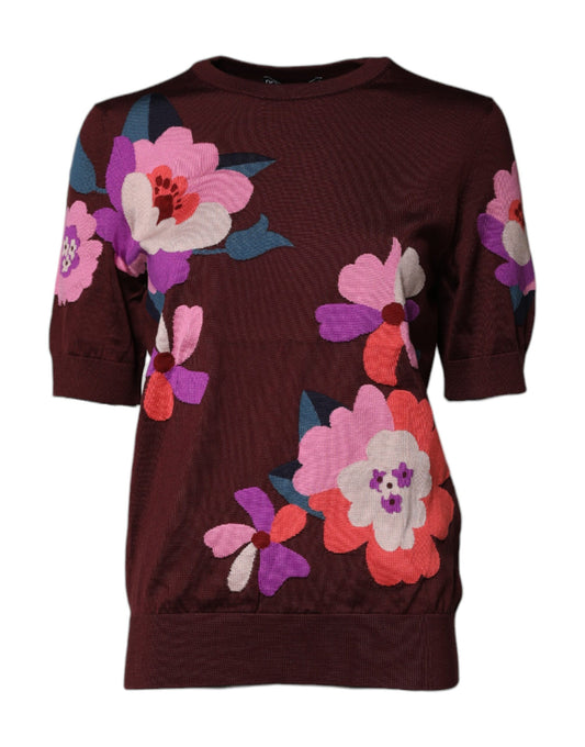 Maroon Floral Silk Crew Neck Blouse Top