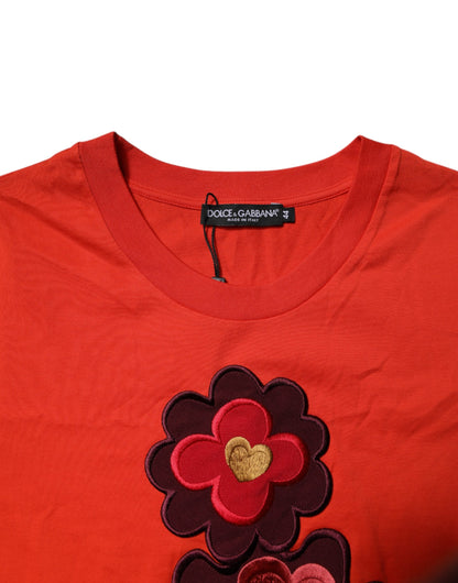 Red Floral Embroidery Cotton Crew Neck T-shirt