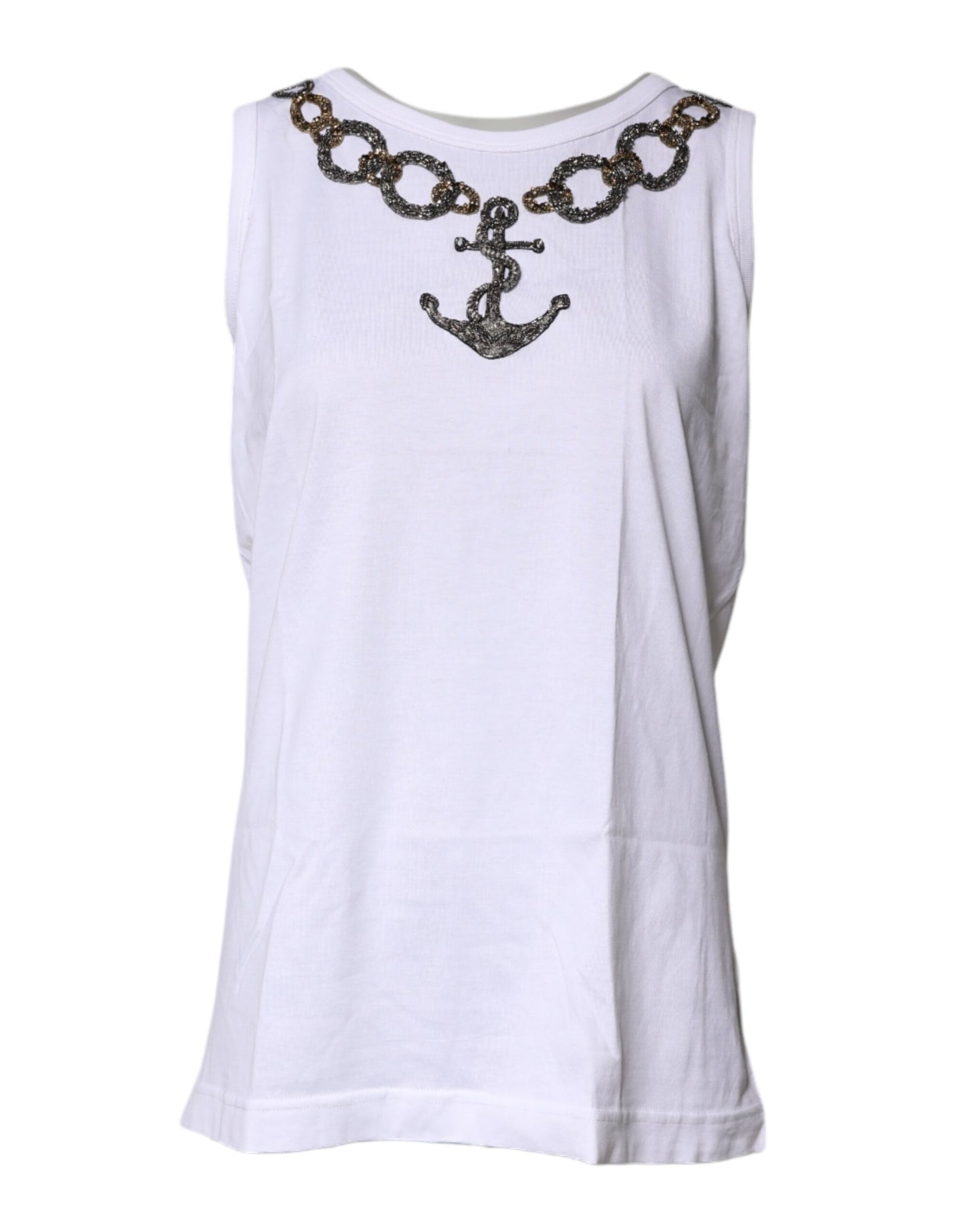 White Cotton Anchor Chain Embroidery Tank Top
