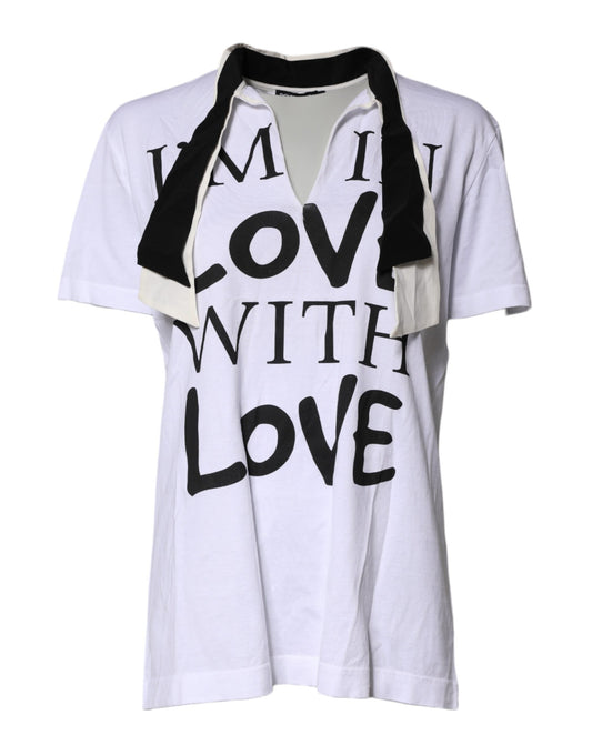 White Cotton Silk Blend Ascot Collar T-shirt