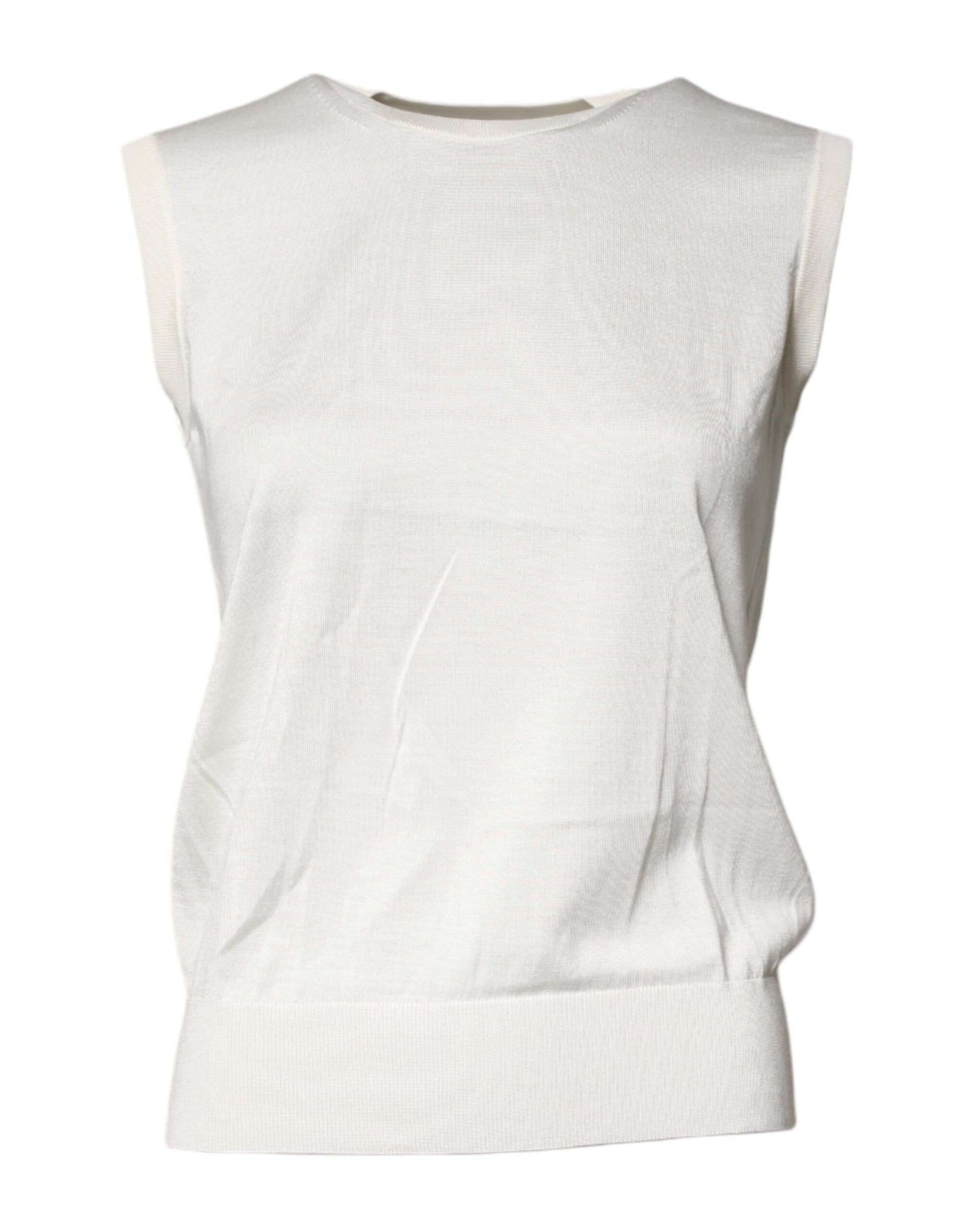 Cream Sleeveless Silk Round Neck Tank Top