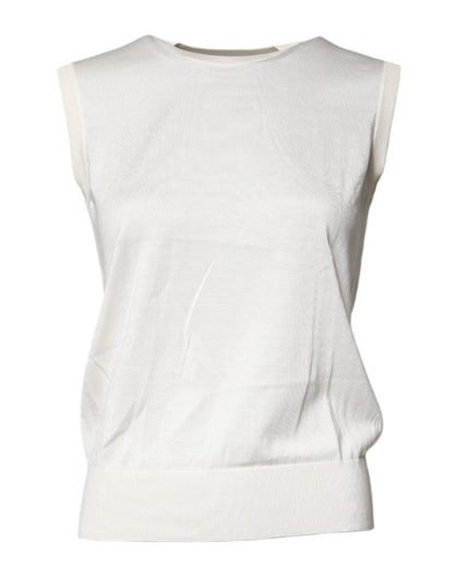 Cream Sleeveless Silk Round Neck Tank Top