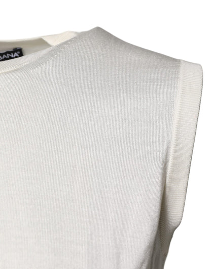 Cream Sleeveless Silk Round Neck Tank Top