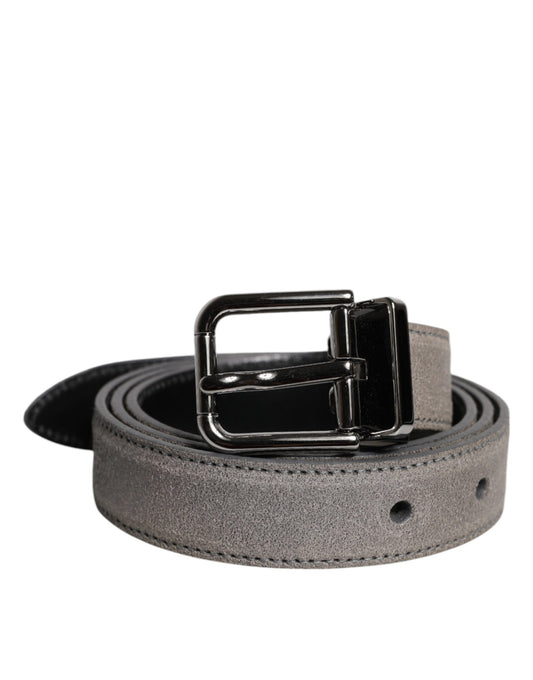 Gray Leather Silver Tone Metal Buckle Belt