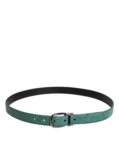 Green Leather Silver Tone Metal Buckle Belt