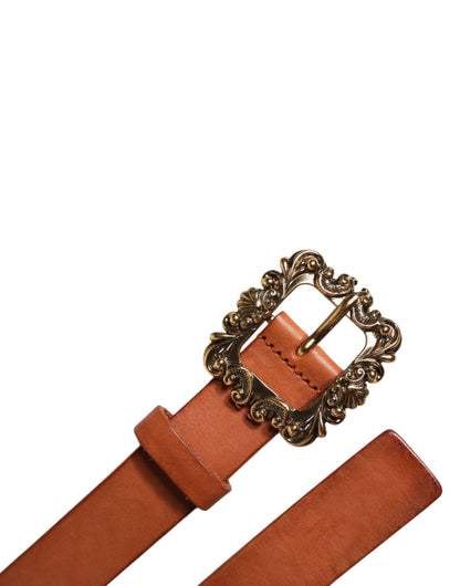 Brown Leather Gold Metal Baroque Buckle Belt