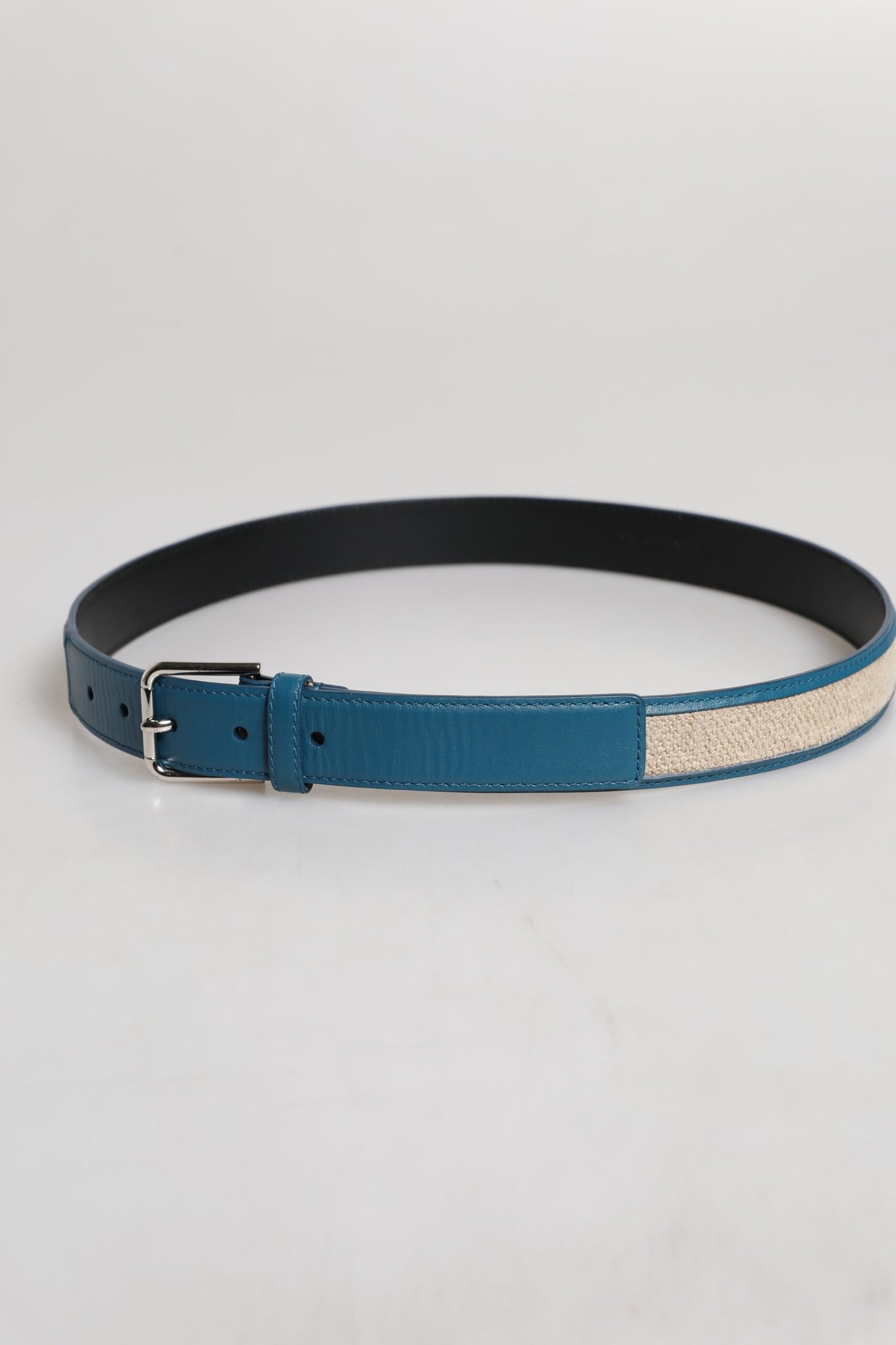 Blue Beige Leather Weaved Metal Buckle Belt
