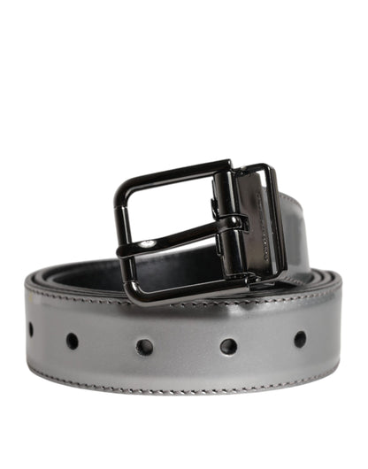 Silver Leather Classic Metal Logo Buckle Belt