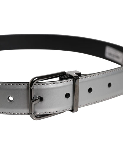 Silver Leather Classic Metal Logo Buckle Belt