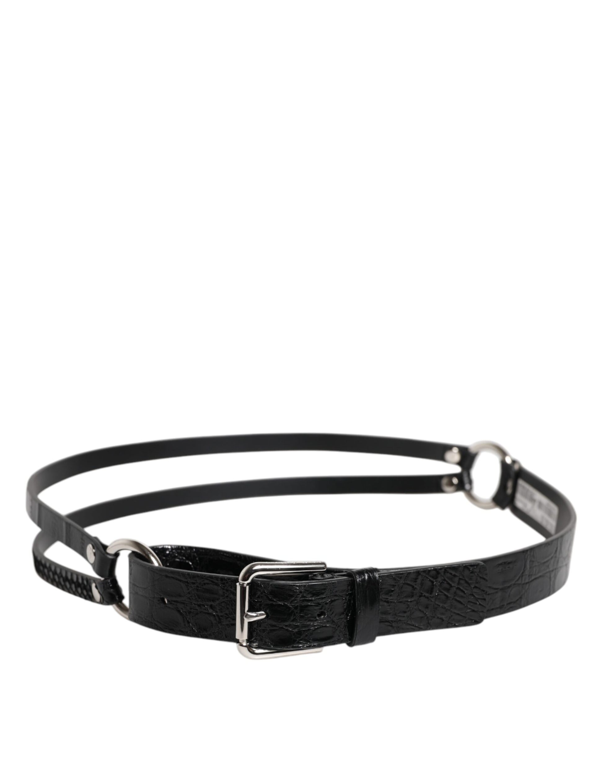 Black Exotic Leather Metal Logo Buckle Belt