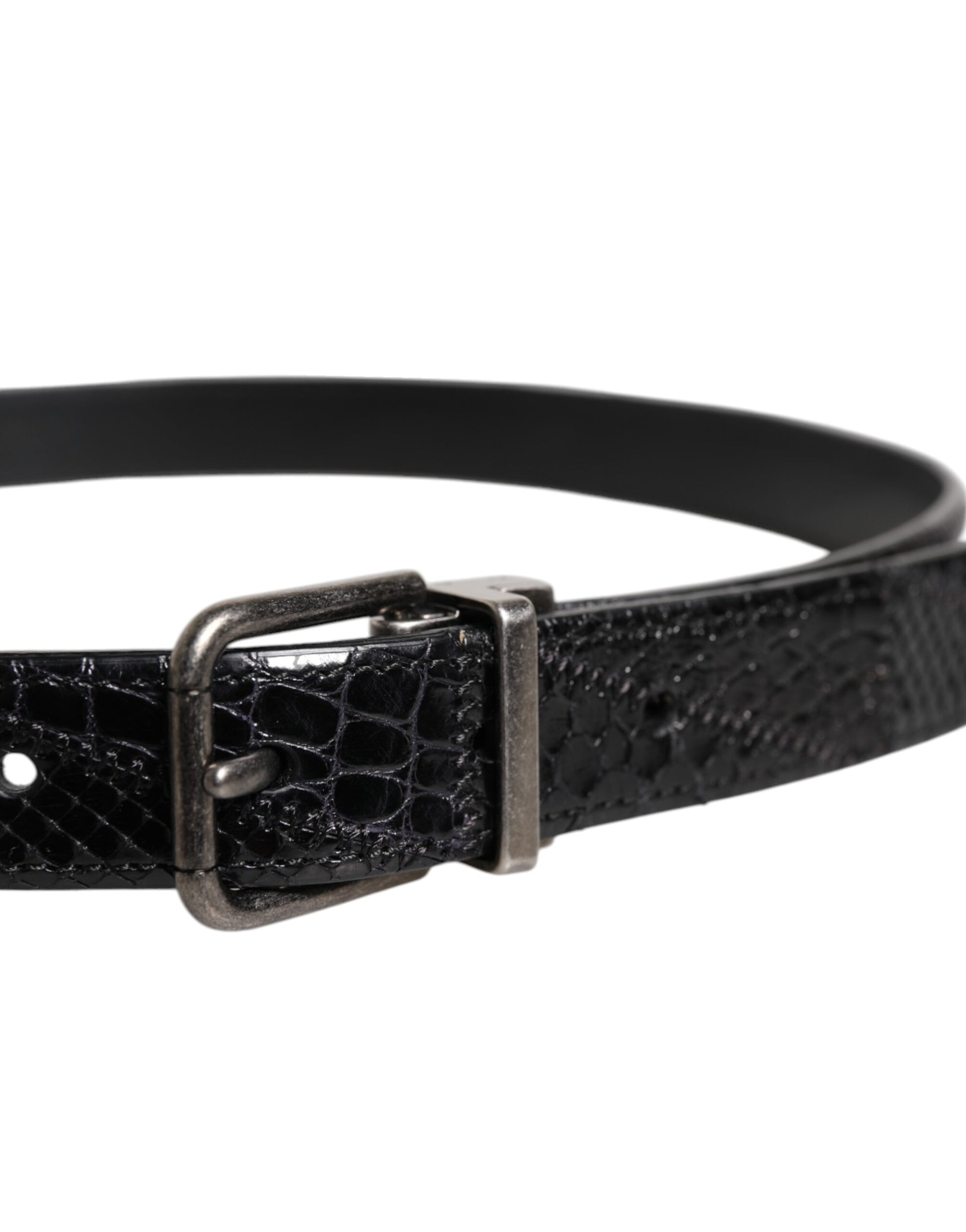 Black Exotic Leather Metal Logo Buckle Belt