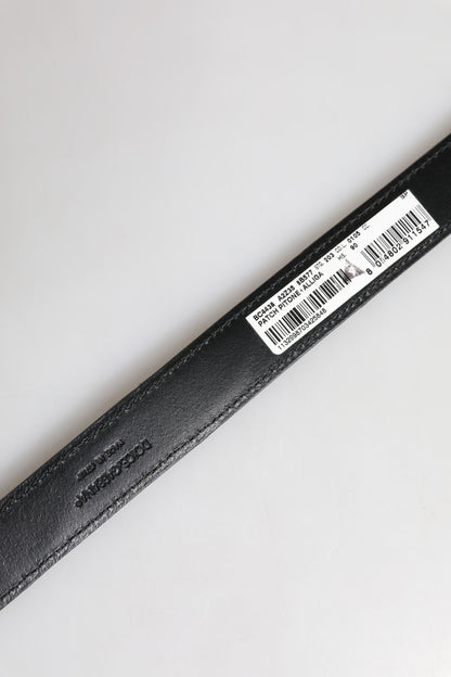 Black Exotic Leather Metal Logo Buckle Belt