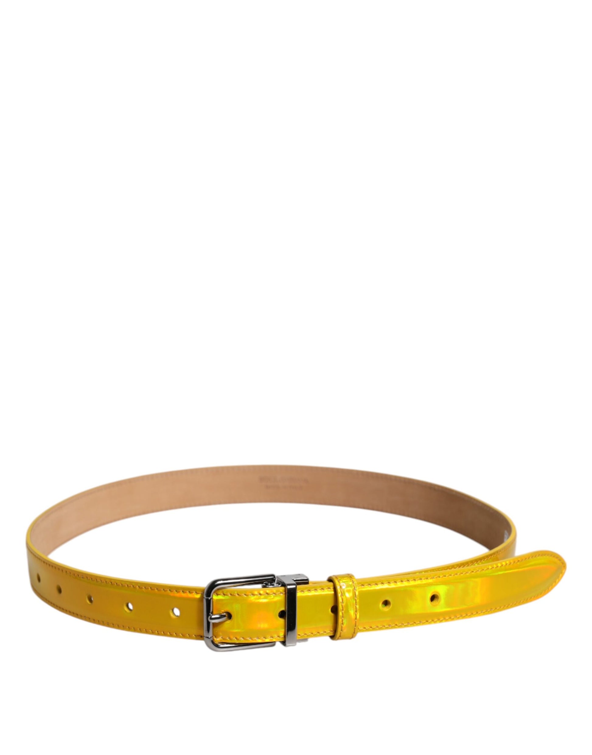Metallic Yellow Leather Metal Logo Buckle Belt