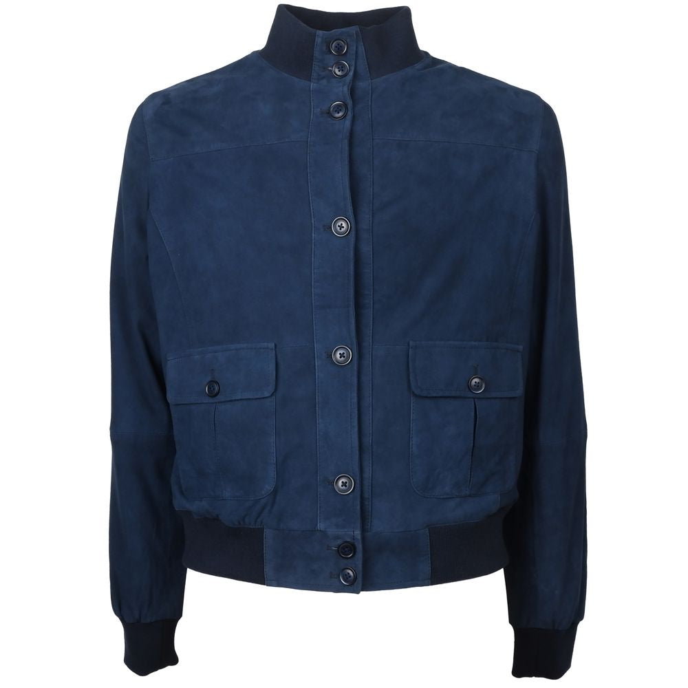 Blue Calfskin Men Bomber Jacket
