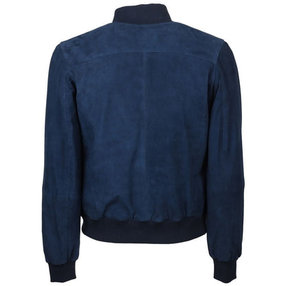 Blue Calfskin Men Bomber Jacket