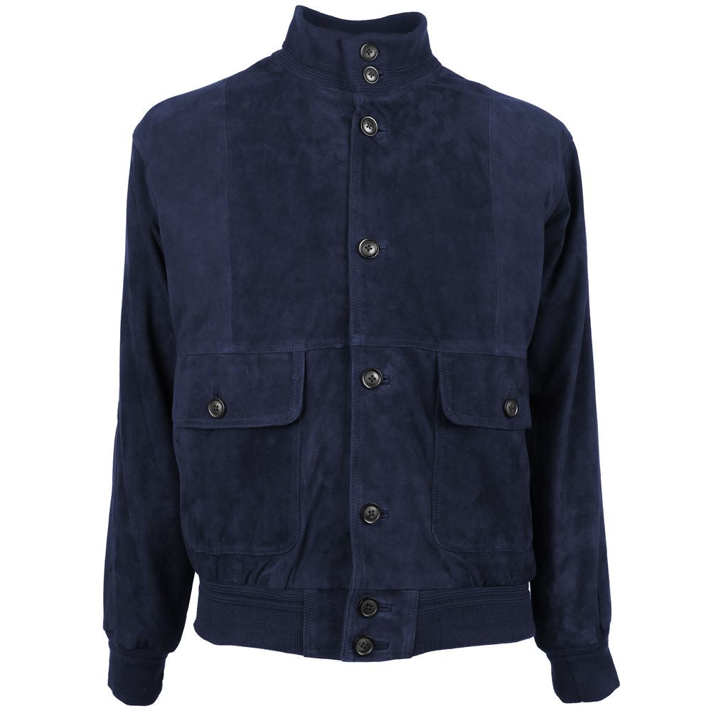 Blue Calfskin Men Bomber Jacket