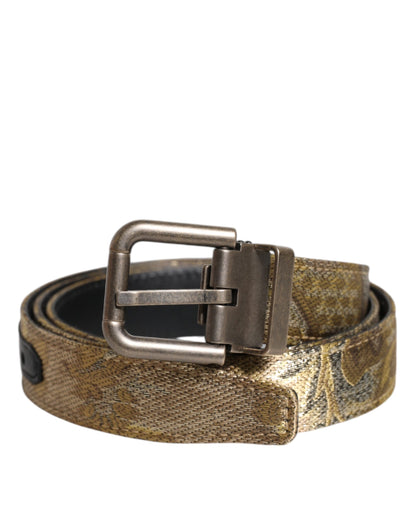 Gold Leather Jacquard Silver Metal Buckle Belt