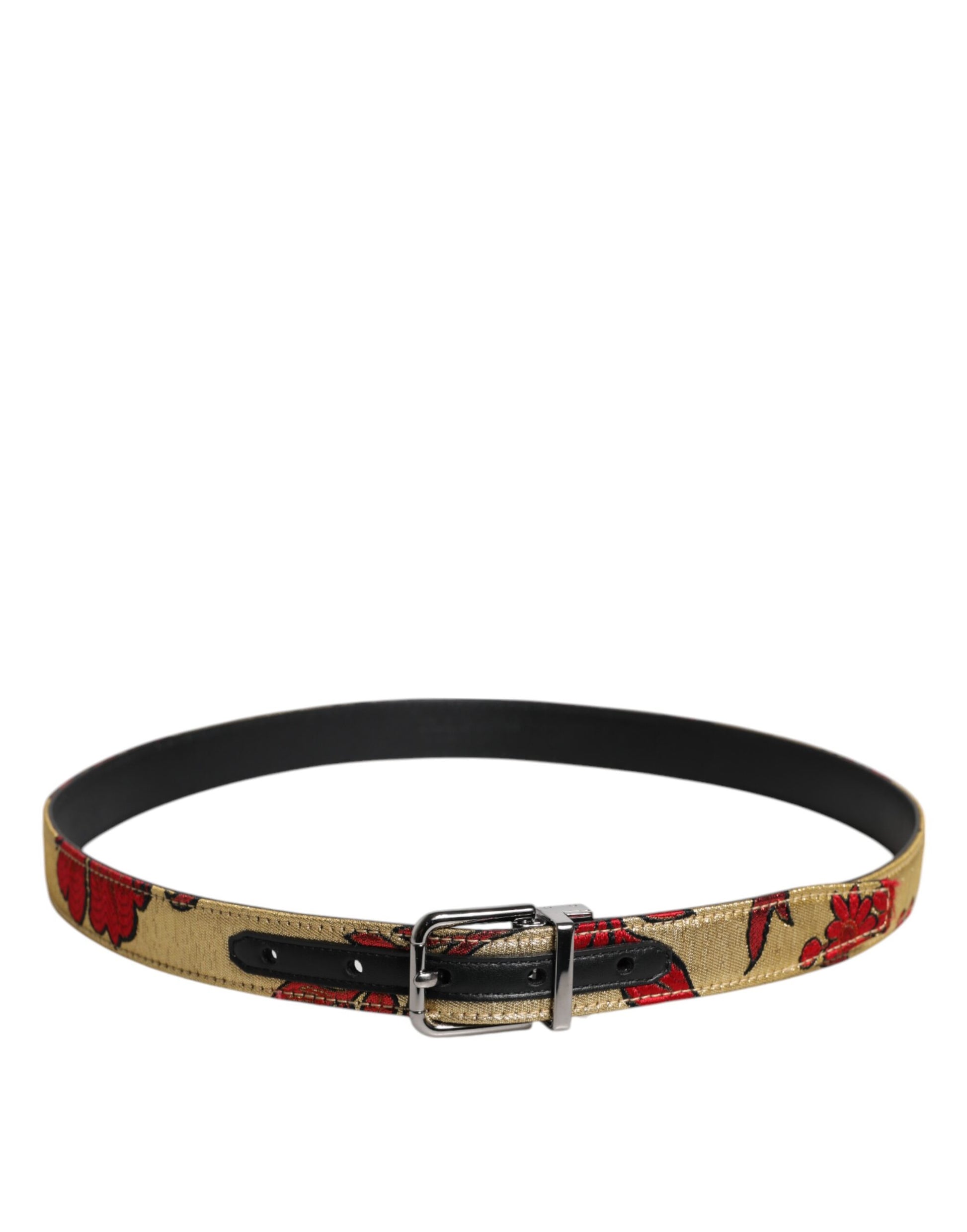 Gold Floral Jacquard Leather Metal Buckle Belt