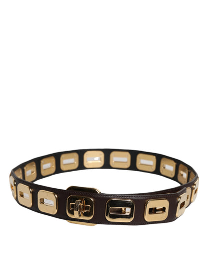 Dark Brown Leather Gold Rotating Buckle Belt
