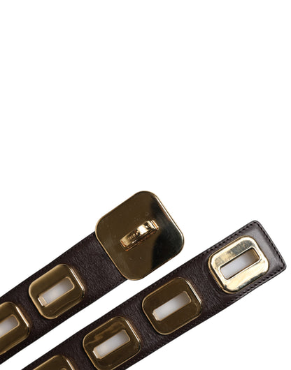 Dark Brown Leather Gold Rotating Buckle Belt