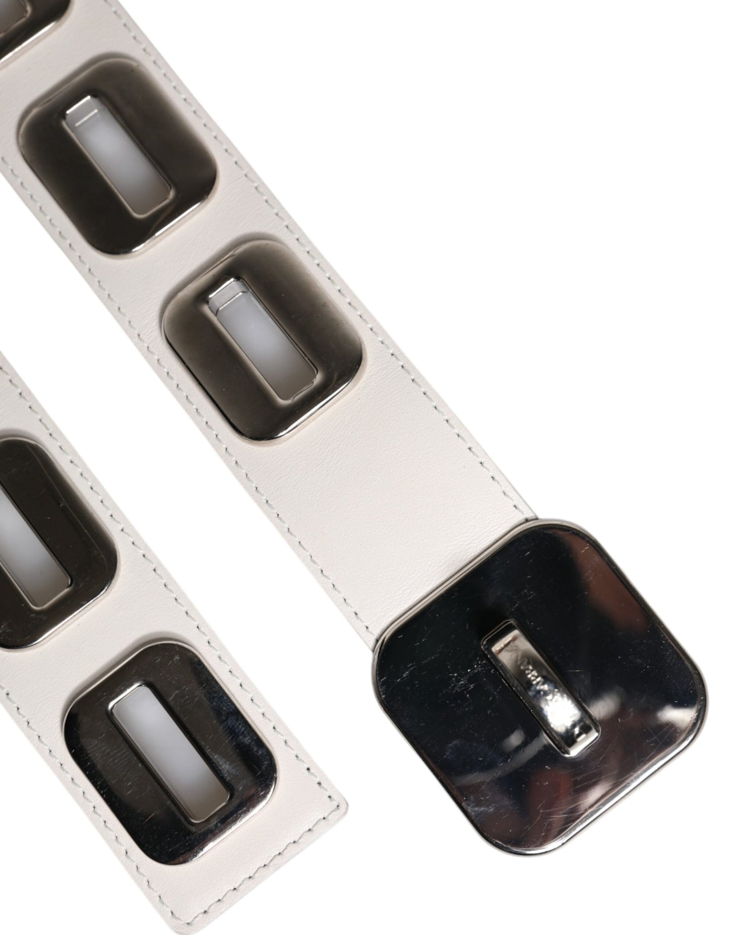 White Leather Gold Tone Rotating Buckle Belt