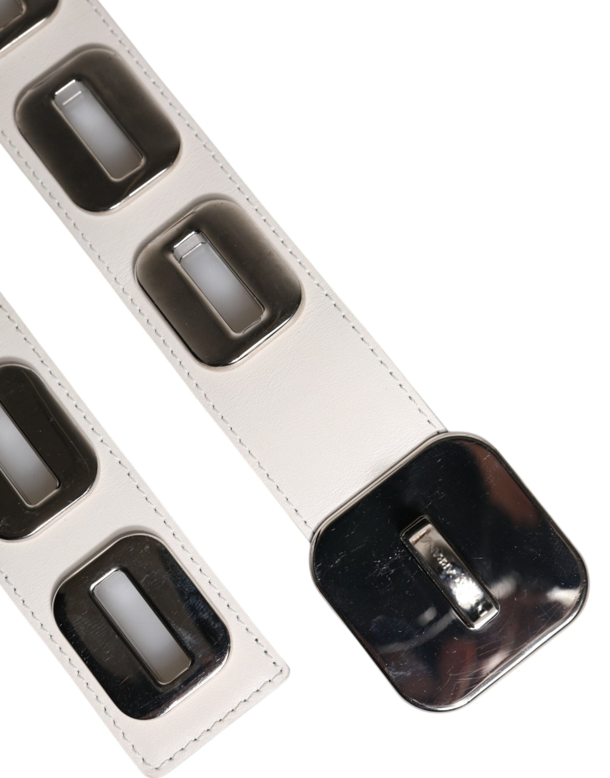 White Leather Gold Tone Rotating Buckle Belt