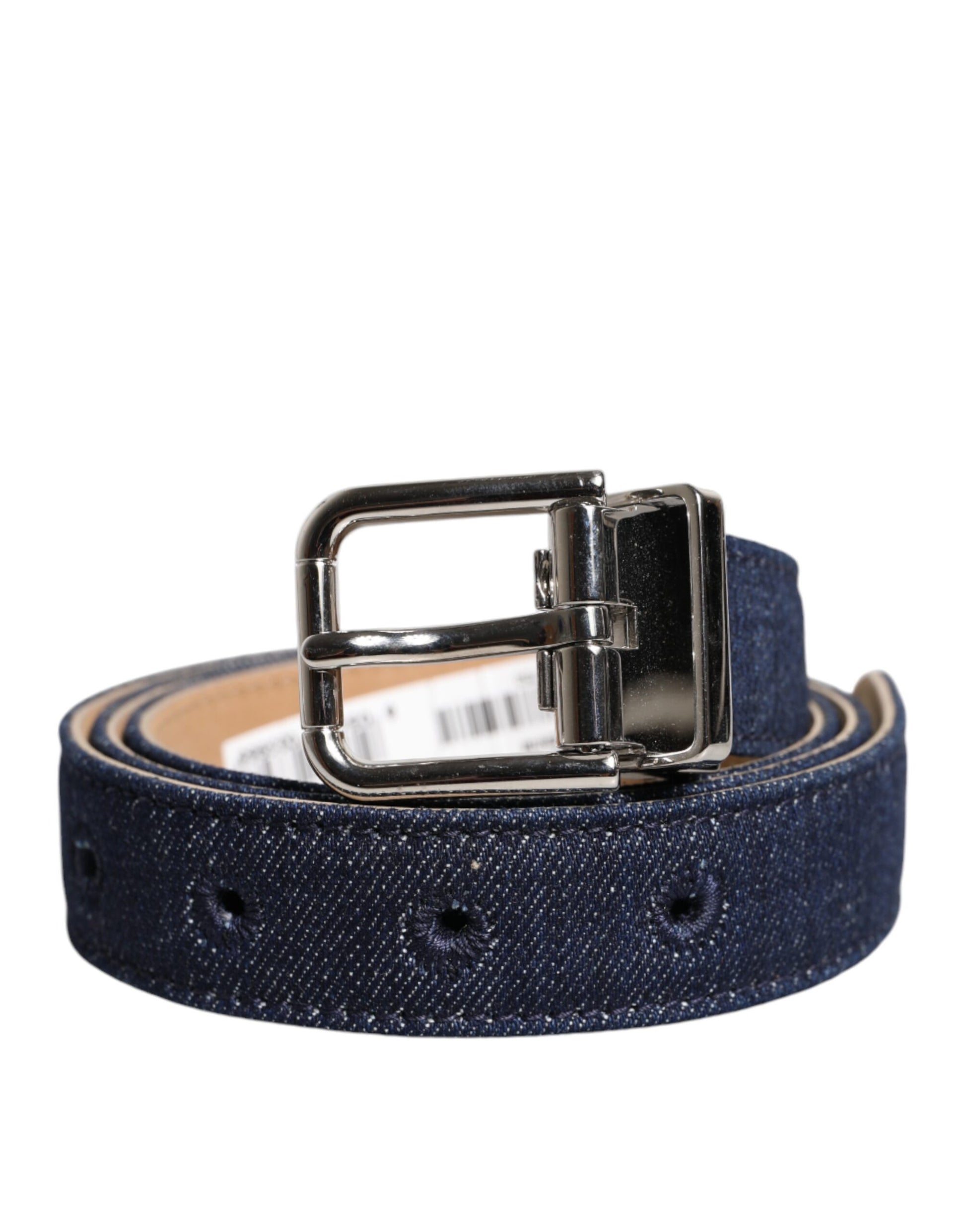 Blue Denim Silver Logo Metal Waist Buckle Belt