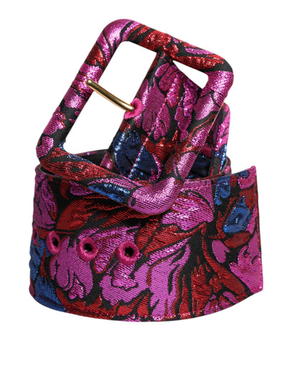 Multicolor Floral Jacquard Lurex Wide Waist Buckle Belt